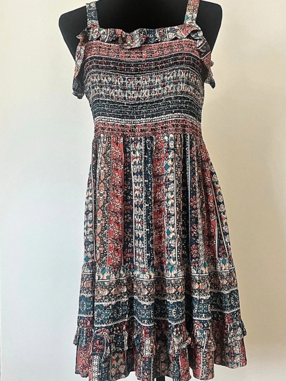 Angie Smocked Boho Ruffle Mini Dress Size L